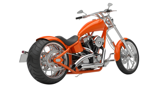 A vibrant orange custom chopper motorcycle with chrome accents and intricate engine details isolated on transparent background