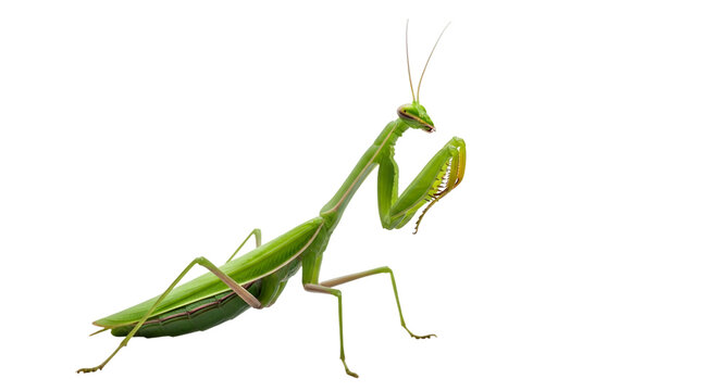 Detailed macro photograph of a vibrant green praying mantis insect with delicate antennae and raptorial forelegs isolated on transparent background