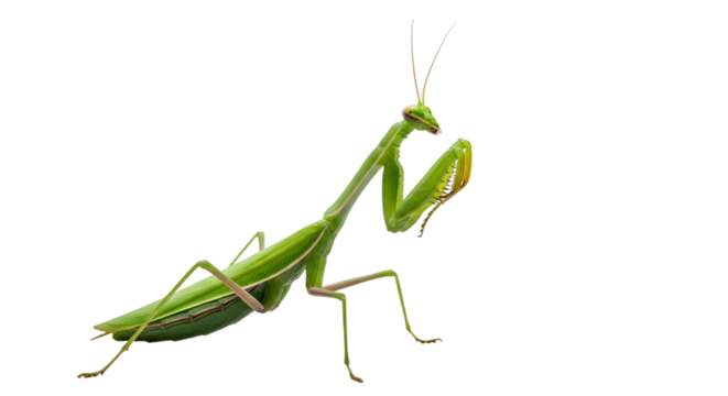 Detailed macro photograph of a vibrant green praying mantis insect with delicate antennae and raptorial forelegs isolated on transparent background