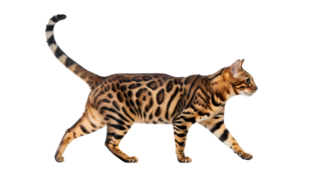 Elegant bengal cat with distinctive spotted coat walking gracefully isolated on transparent background