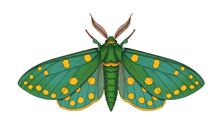 Detailed illustration of a vibrant green moth with yellow spots and feathery antennae isolated on transparent background