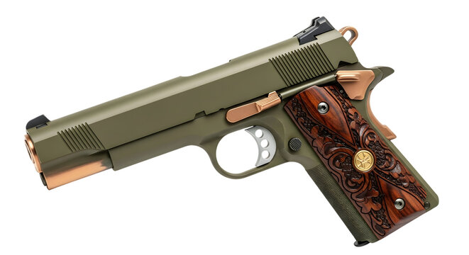 Detailed view of a classic olive green colt 1911 pistol with custom wood grips isolated on transparent background