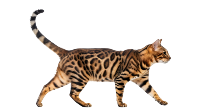 Elegant bengal cat with distinctive spotted coat walking gracefully isolated on transparent background