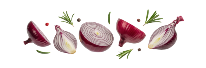 Red Onions Halved With Rosemary And Peppercorns isolated on a transparent background