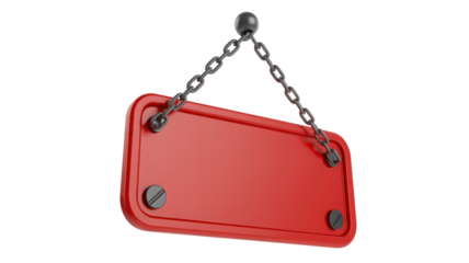 Red Rectangular Sign Hanging on Chains isolated on a transparent background