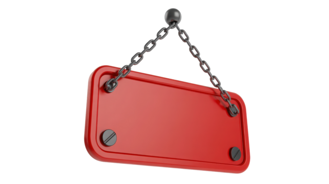 Red Rectangular Sign Hanging on Chains isolated on a transparent background