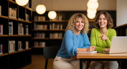 University peer mentoring webinar promotion with two students collaborating at campus library, useful for tutoring service pages or student success center and distance learning course