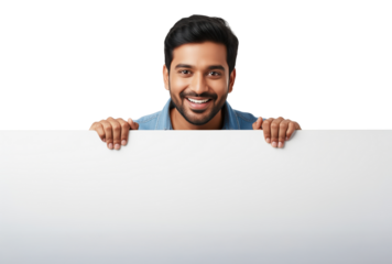 Ready blank board held by friendly presenter for announcements or discount offers or job openings, room for headline and contacts useful for retail posters, event signage and social media posts