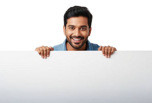 Ready blank board held by friendly presenter for announcements or discount offers or job openings, room for headline and contacts useful for retail posters, event signage and social media posts