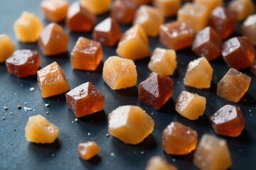 Artistic Still Life of Rock Candy Crystals in a Geometric Pattern A still life composition of rock candy crystals arranged in a precise geometric pattern on a dark, matte surface. The crystals should