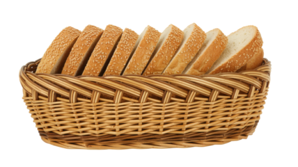 Sliced bread in woven basket isolated on a transparent background