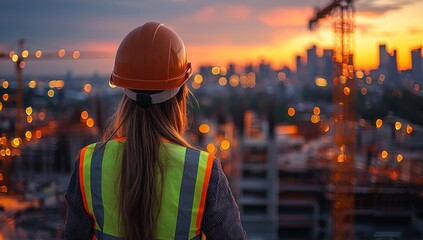 Female Construction Engineer Overseeing Building Project at Sunset, Wearing Hard Hat and Safety Vest, City Skyline and Cranes in the Background