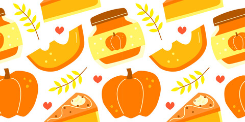 Cute seamless pattern with hand drawn flat pumpkin jam, pie, leaves, hearts and pumpkin slices. Seasonal warm autumn background.