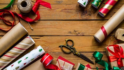 Top-Down View of Holiday Gift Wrapping Scene with Colorful Paper Rolls, Ribbons, Kraft Paper, Scissors, and Twine on Wooden Surface