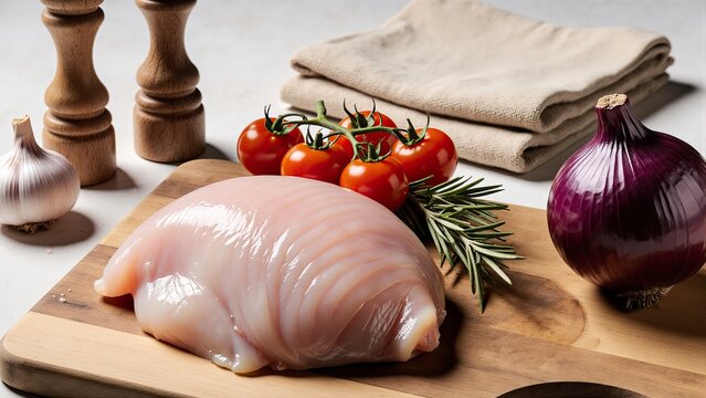 A raw chicken breast, plump and fresh, rests on a wooden cutting board centrally positioned in the frame. - Powered by Adobe