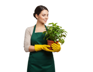 Flower shop assistant with potted houseplant for florist services and indoor plant care workshops useful for store signage and guides about watering repotting and fertilizer tips