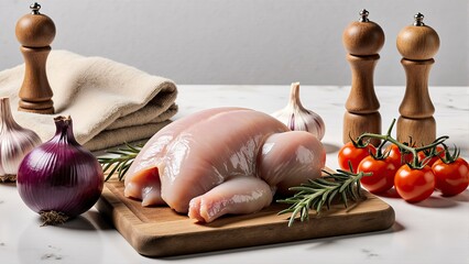 A raw chicken breast, plump and fresh, rests on a wooden cutting board centrally positioned in the frame.