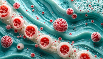 An abstract macro view featuring cellular structures, red spheres, and smooth, flowing turquoise formations. Detailed textures and varied sizes
