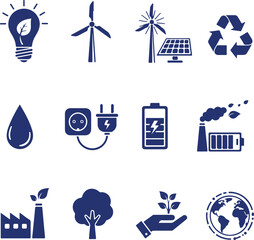 Renewable energy and environmental protection icons in dark blue ecology sustainability
