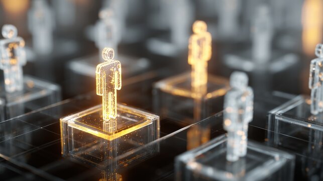 Illuminated figures on glass platforms representing individuality and uniqueness in a digital landscape at night - Powered by Adobe