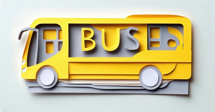 Yellow school bus illustration. Papercraft style, shadows present. Text reads 7F BUSES. Simple design, bright colors.