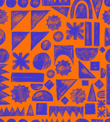 Seamless pattern with bold brutal geometric shapes and playful crayon scribbles. Hand drawn childish doodles, brush strokes and funky abstract figures for modern graphic vector backgrounds.