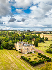 Oxenfoord Castle from a drone, Midlothian, Scotland, UK