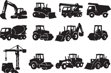 Obraz premium Collection of diverse construction machinery silhouettes powerful heavy equipment for industrial projects and urban development