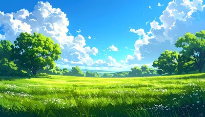 An anime-style illustration of a sunny meadow. Lush green grass fills the foreground, with trees dotting the horizon under a bright blue sky with clouds