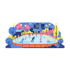 Obraz premium People skating on ice rink at night in winter setting 