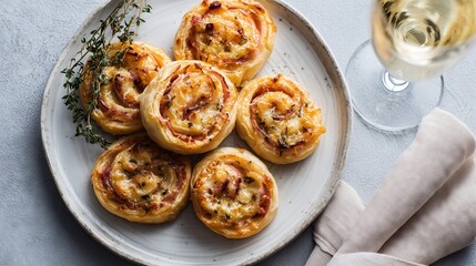 Golden savory ham and cheese puff pastry pinwheels.