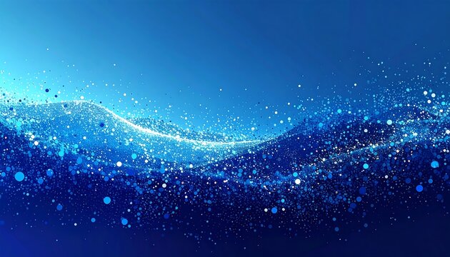An abstract, vibrant illustration depicts a wave-like formation of glittering particles against a gradient blue background. It exudes a sense of fluidity