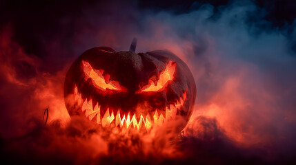 Fototapeta premium Scary jack o lantern pumpkin glowing in smoke and darkness