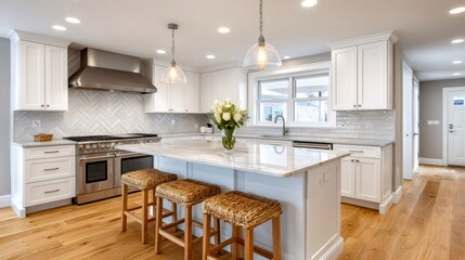 Fototapeta premium Modern kitchen interior with white cabinets and island