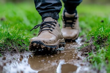 Close-up of Hiking Boots Crossing a Muddy Path with Water and Grass Enhancing Outdoor Adventure Experience