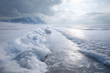 Obraz premium Frozen Tidal Flats And Snow-Covered Shoreline With Glacier Front In Distance, Crisp Winter Atmosphere, Pale Arctic Sunlight, Polar Ocean Landscape, Remote Wilderness