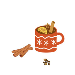 Festive Cup of Mulled Wine with Cinnamon Stick and Clove on Transparent Background Illustration Vector. Cozy illustration of a festive mug of mulled wine with cinnamon stick and clove. 
