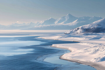 Frozen Tidal Flats And Snow-Covered Shoreline With Glacier Front In Distance, Crisp Winter Atmosphere, Pale Arctic Sunlight, Polar Ocean Landscape, Remote Wilderness