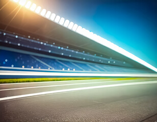 a racing track grandstand with blue seating under a bright sky. stadium lights illuminate the background. competition, journey, or speed.