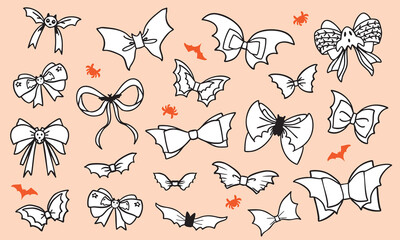 Collection of hand drawn halloween bows. Doodled, vector cad, clip art, cartoon spooky holiday ribbons accessoire bundle.