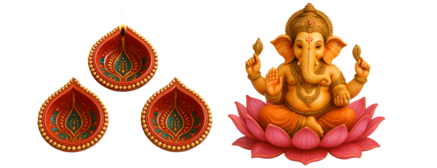 Decorative Diwali lamps and Ganesh statue. Warm festive atmosphere.