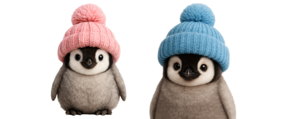 Penguins in colorful knitted hats — pink and blue. Festive and playful winter vibe.