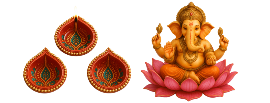 Decorative Diwali lamps and Ganesh statue. Warm festive atmosphere.