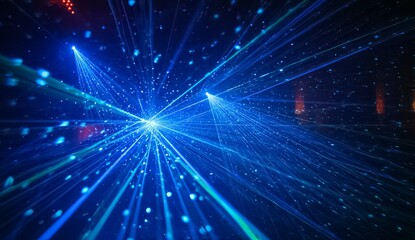 Blue and green light show with a lot of blue and green lights. The lights are in the air and are moving