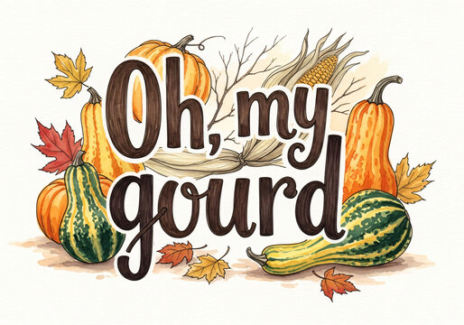 Oh my gourd Thanksgiving pun with fall vegetables and colorful leaves for autumn harvest decoration and greeting card or textile design.