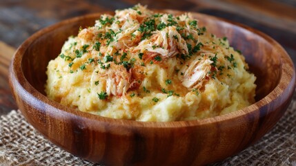 Creamy mashed potatoes topped with fresh crab and parsley in wooden bowl
