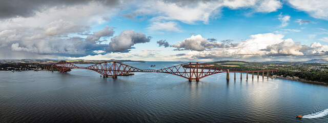 Forth Bridge from a drone, Queensferry Crossing, Forth Estuary, Scotland