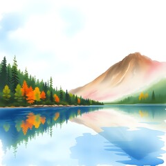 autumn landscape with lake watercolor illustration