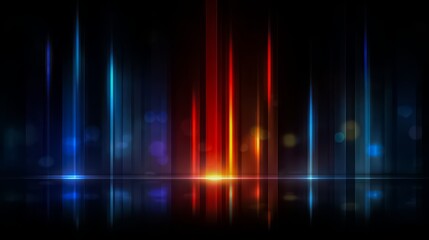 Colorful, abstract image of light and dark blue and red stripes. The image is a reflection of a cityscape