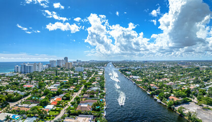 panoramic aerial drone view of Fort Lauderdale, Florida with city and intracoastal 